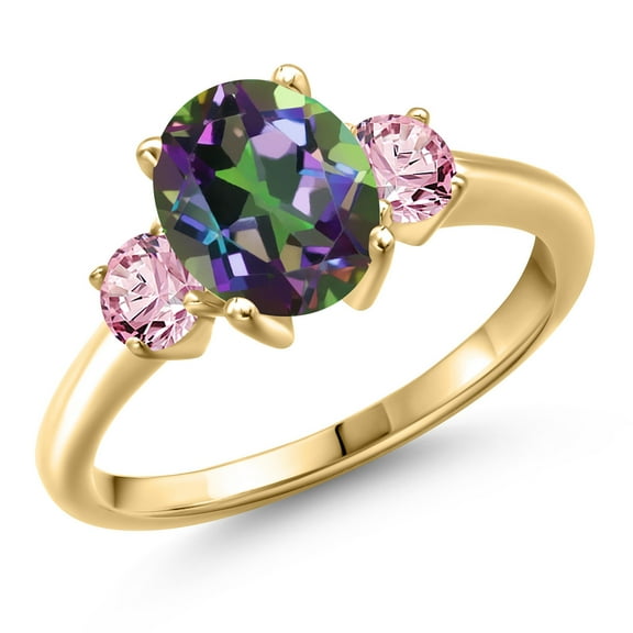 Gem Stone King 10K Yellow Gold Green Mystic Topaz and Pink Lab Grown Diamond Engagement Ring for Women | 2.80 Cttw | Oval 9X7MM | Gemstone November Birthstone | Size 8
