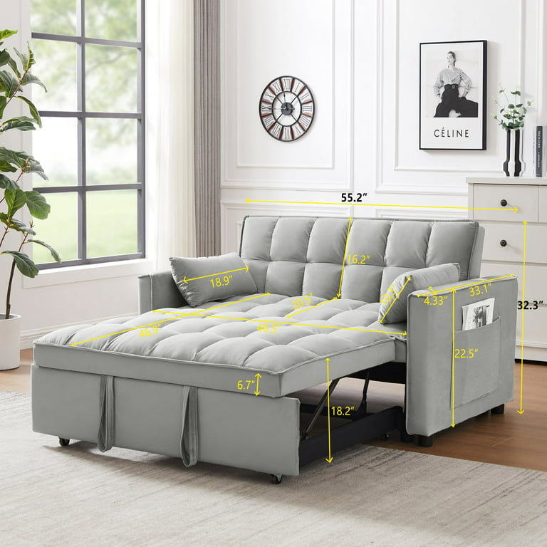 Modern Convertible Sofa Bed with Adjustable Backrest and 2 Lumbar Pillows,  Velvet Loveseat Sleeper Sofa Couch with Pull-Out Bed for Small Spaces