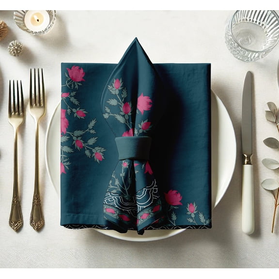 Vargottam Designer Cotton Twill Napkins - Set of 12, 20-Inch, Floral Pattern, Durable & Absorbent Cloth Napkins for Dining, Parties, and Home Decor - Machine Washable