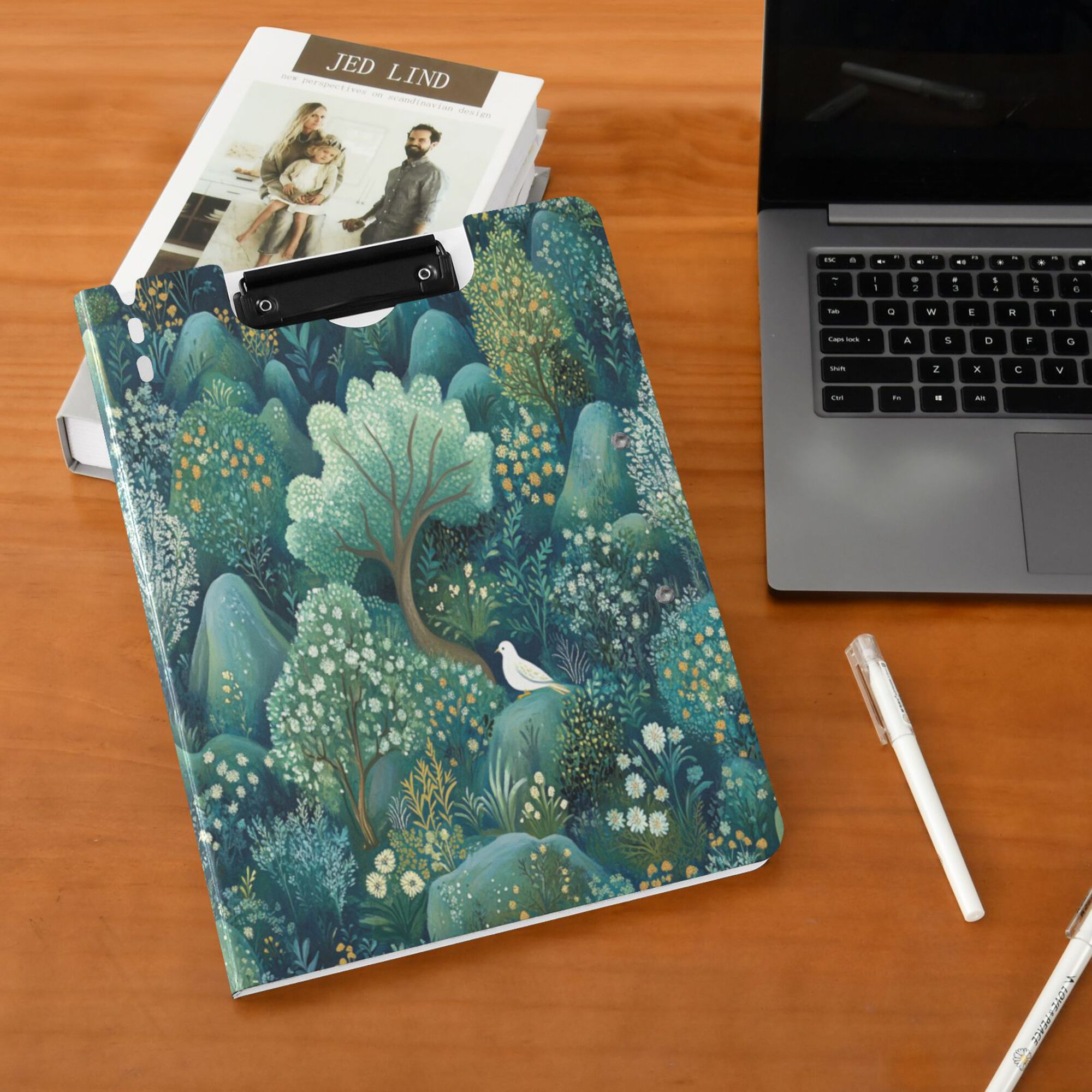 FORMRS A4 Clipboard Folder with Pen Holder Horizontal Foldable School Office Binder, Green Forest Pattern