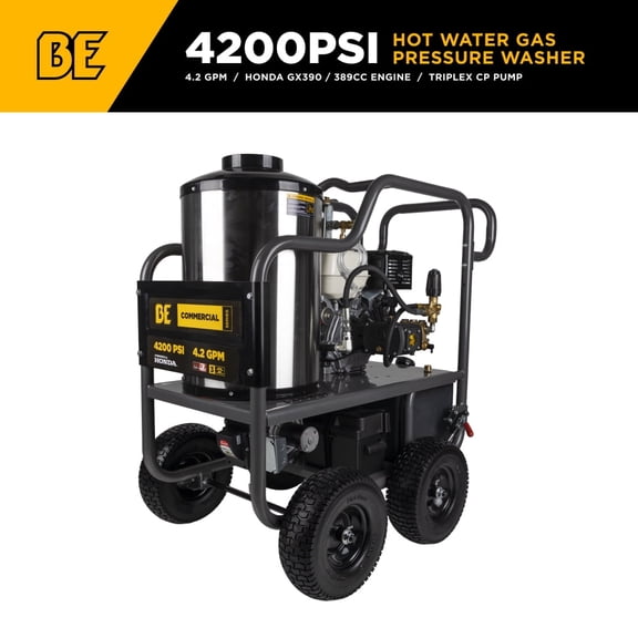 BE Power Equipment 4000 PSI 4.0 GPM Hot Water Gas PW Honda GX390 Engine and Comet Triplex Pump Powered Coated Roll Cage