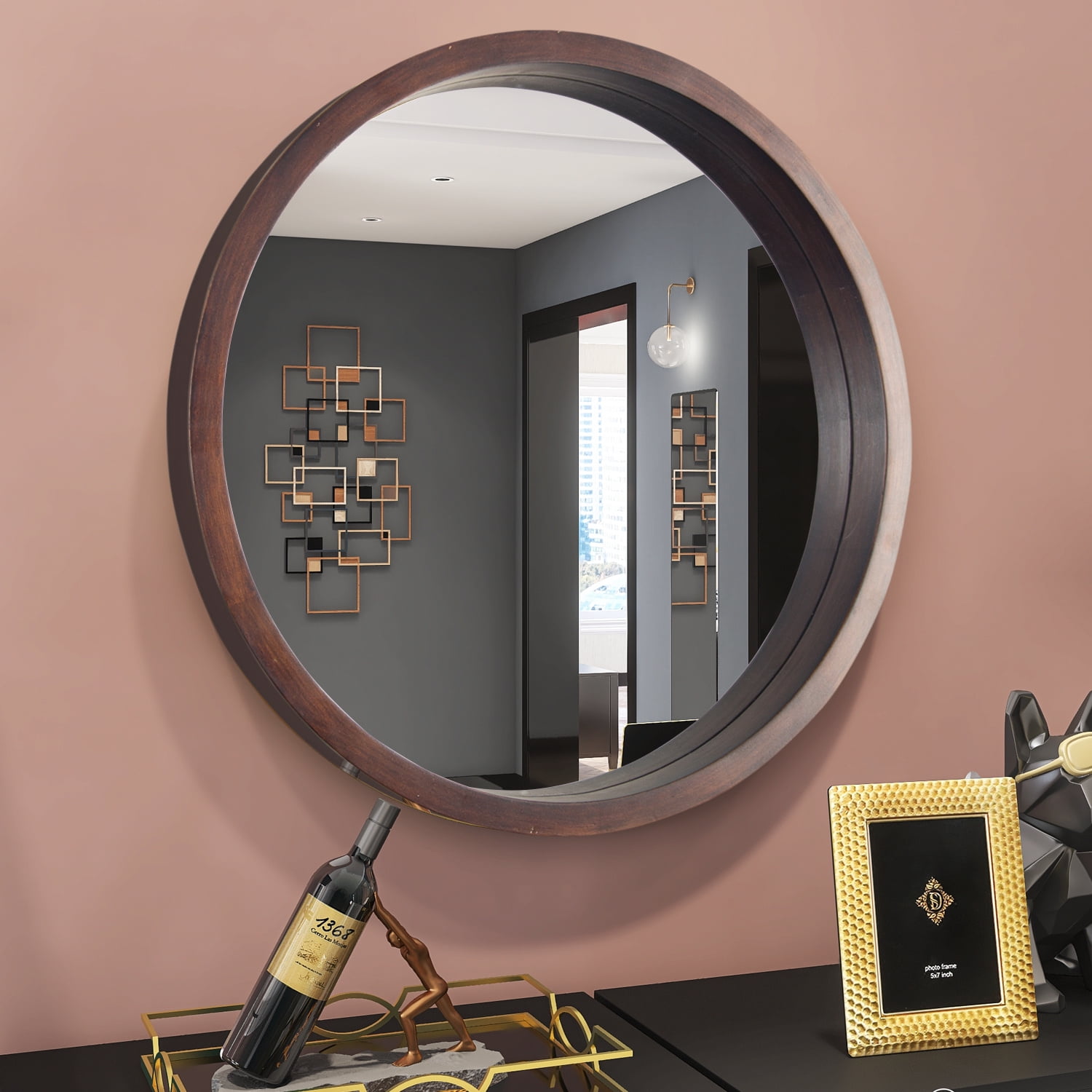 Large Wooden Framed Bathroom Mirror, Round Wood Framed Bathroom Mirrors