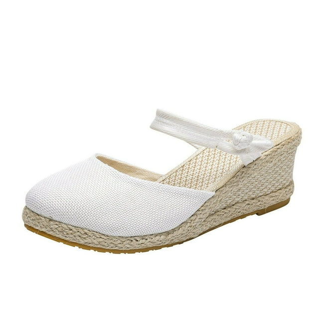 Sandales Espadrilles à Talon Compensé pour Femmes, Bride à la Cheville à Boucle, Sandales Plateforme Décontractées d'Été, Chaussures pour Femmes à Bout Fermé, Compensées Rétro