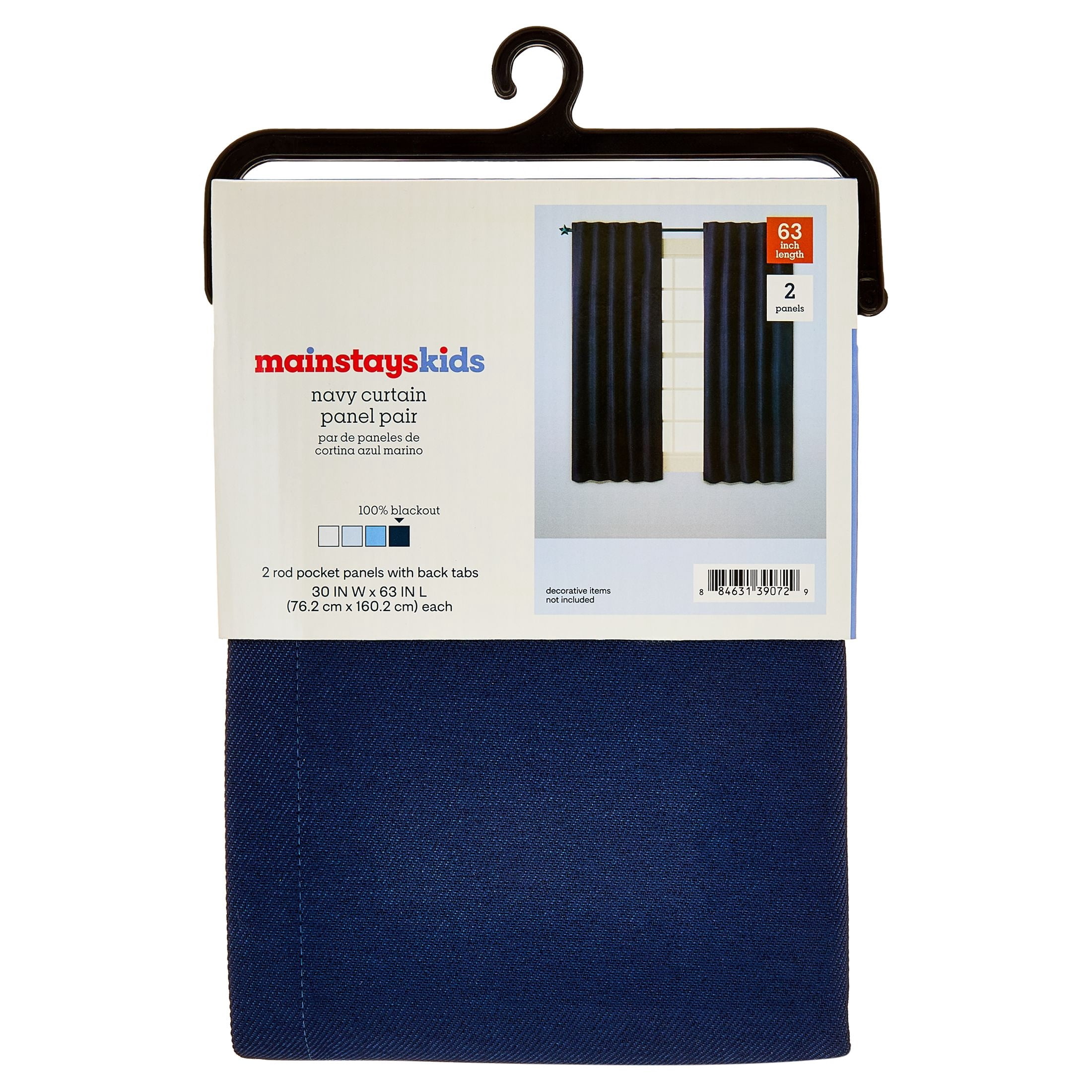 Mainstays Kids Navy Blue Solid Blackout Rod Pocket with Back Tabs Curtain Panel Pair, Set of 2, 30 in x 63 in