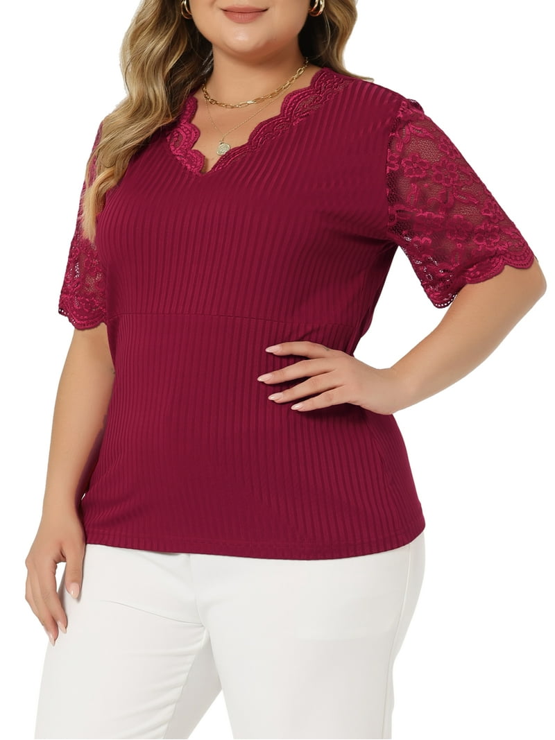 Unique Bargains Women's Plus Size Tops V Neck Elegant Lace