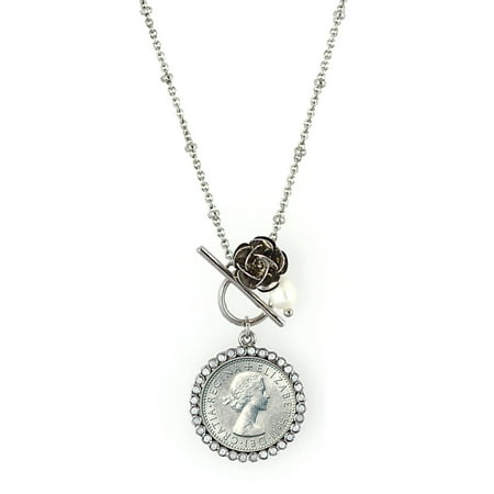 American Coin Treasures Lucky British Sixpence and Rose Silvertone Toggle Pendant