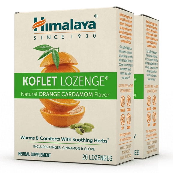 Himalaya Koflet Lozenges, Orange Cardamom Flavor, Natural Herbal Cough Drop for Warming Relief and Soothing Throat Comfort, 130 mg, 20 Lozenges, 2 Pack