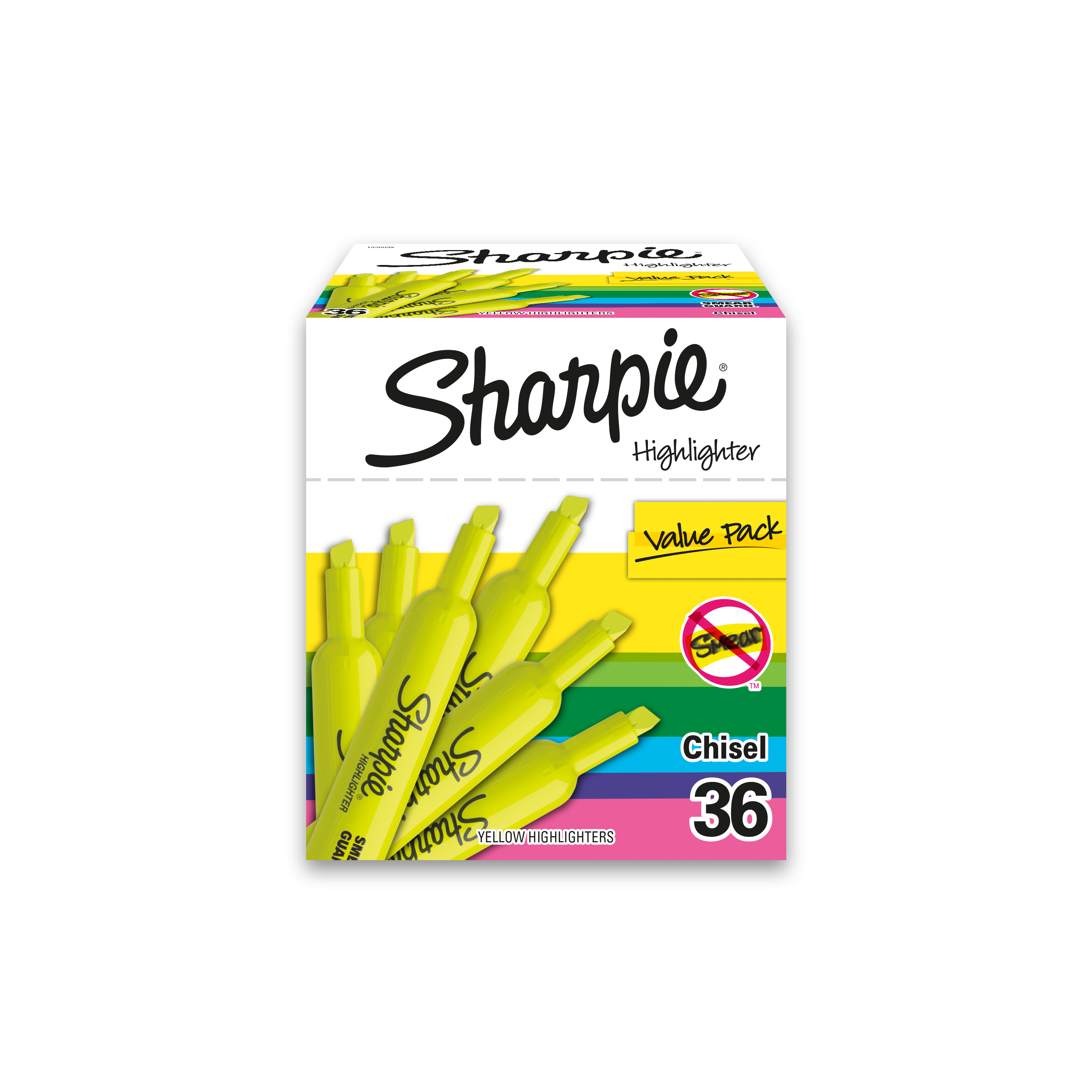 Sharpie Tank Style Highlighters, Chisel Tip, Fluorescent Yellow, 36 Count