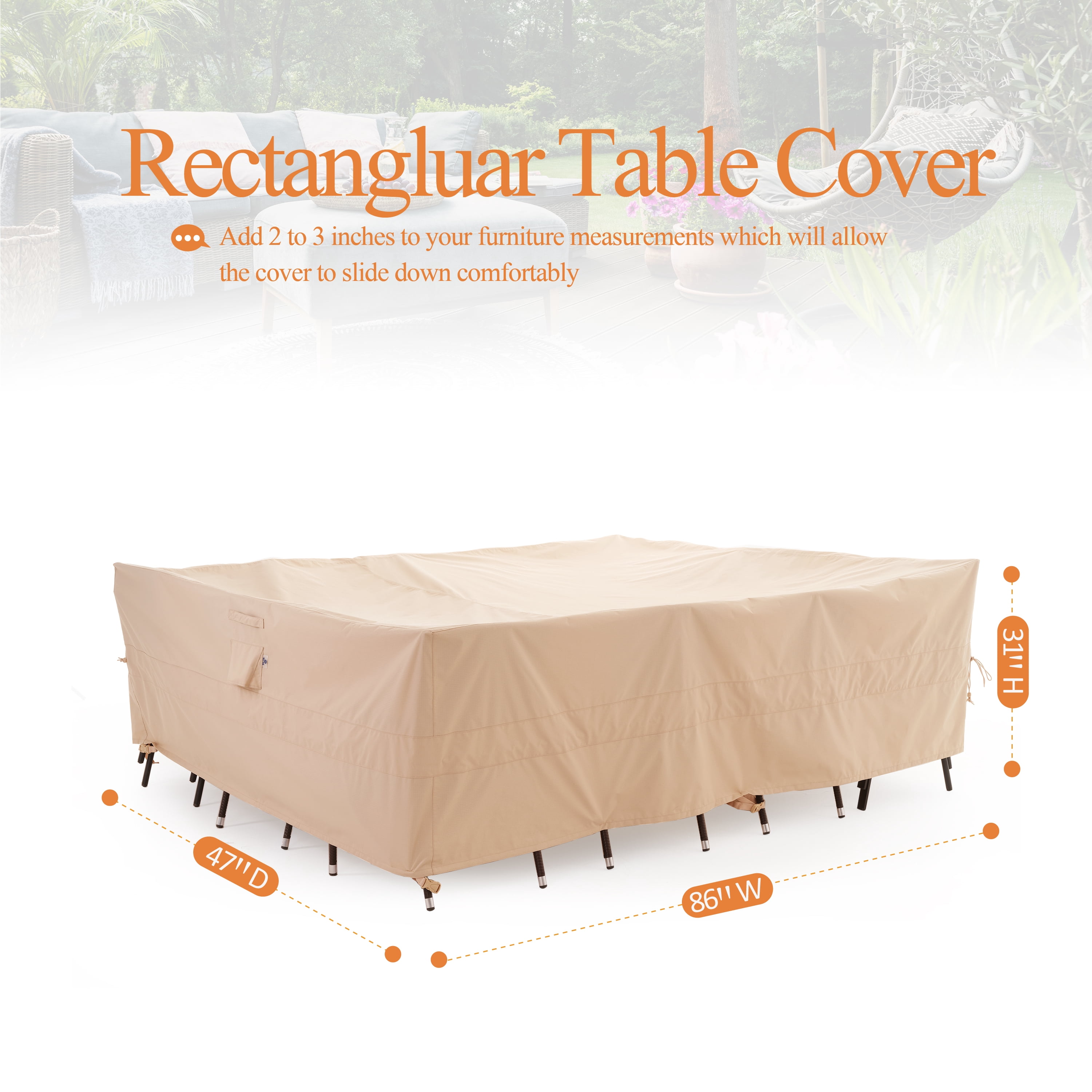 WJ-X3 Waterproof Patio Table Cover, Anti-Fade Rip-Stop Fabric,  86"(L)x47"(W)x31"(H), Beige