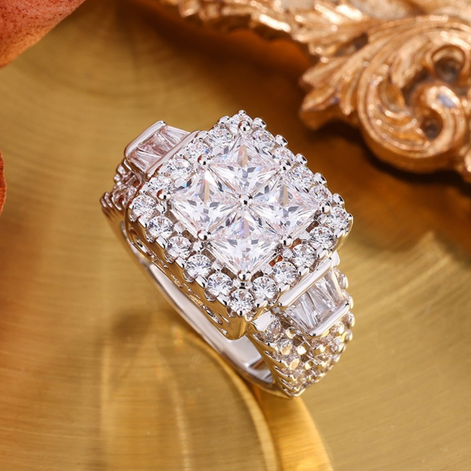 SFTING Rings for Women 18K Gold Plated Princess Cut Engagement Rings for Women 5A CZ Cross Size 6
