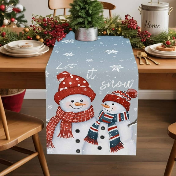 Burlap Table Runner 36 Inches Long,Cute Xmas Snowman Blue Gradient Non-Slip Kitchen Table Runners for Dining Room Everyday Use Party Table Decorations Winter Snowflakes Seamless