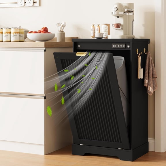 13 Gallons Tilt Out Trash Can Cabinet with Deodorising Function, Wood Fluted Trash Freestanding Recycling Cabinet, Laundry Cabinet Pet Proof Trash Can Holder for Kitchen Living Room Bathroom, Black