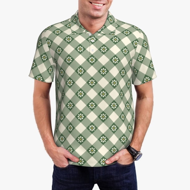 Fotbe Daisy Plaid Green Camiseta Polo de Golf para Hombre con Estampado – Camisa Deportiva Transpirable con Cuello Abotonado-Medium