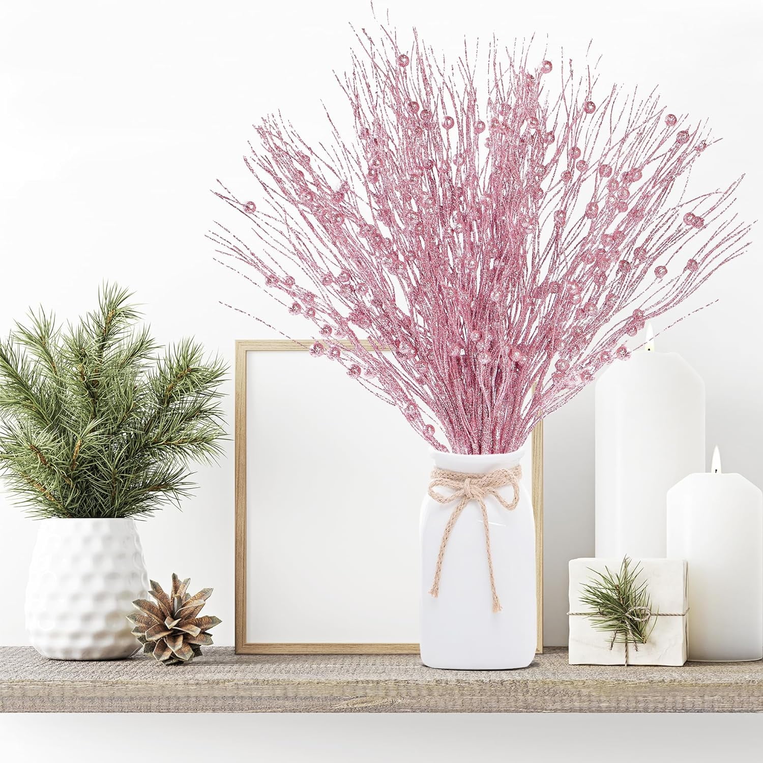 24 Pack Artificial Glitter Berry Stem Ornaments 17 Inches Fake Christmas Picks Decorative Glitter Sticks for Christmas Tree DIY Wreath Crafts Gift Fireplace Holiday Home Decor (Pink)