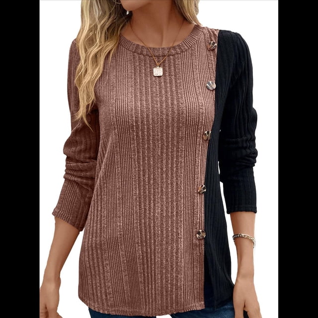 Camisa Asimétrica de Larga con Botones y Bloques de Color para Mujer, Ribete de Botones Claros y Abertura Lateral en la Cintura. Marrón L