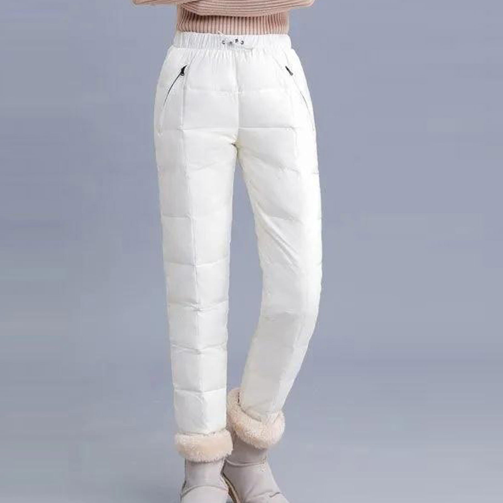 Women Winter High Waist Warm Double-sided Down Cotton Pants Slim Quilted Trouser 