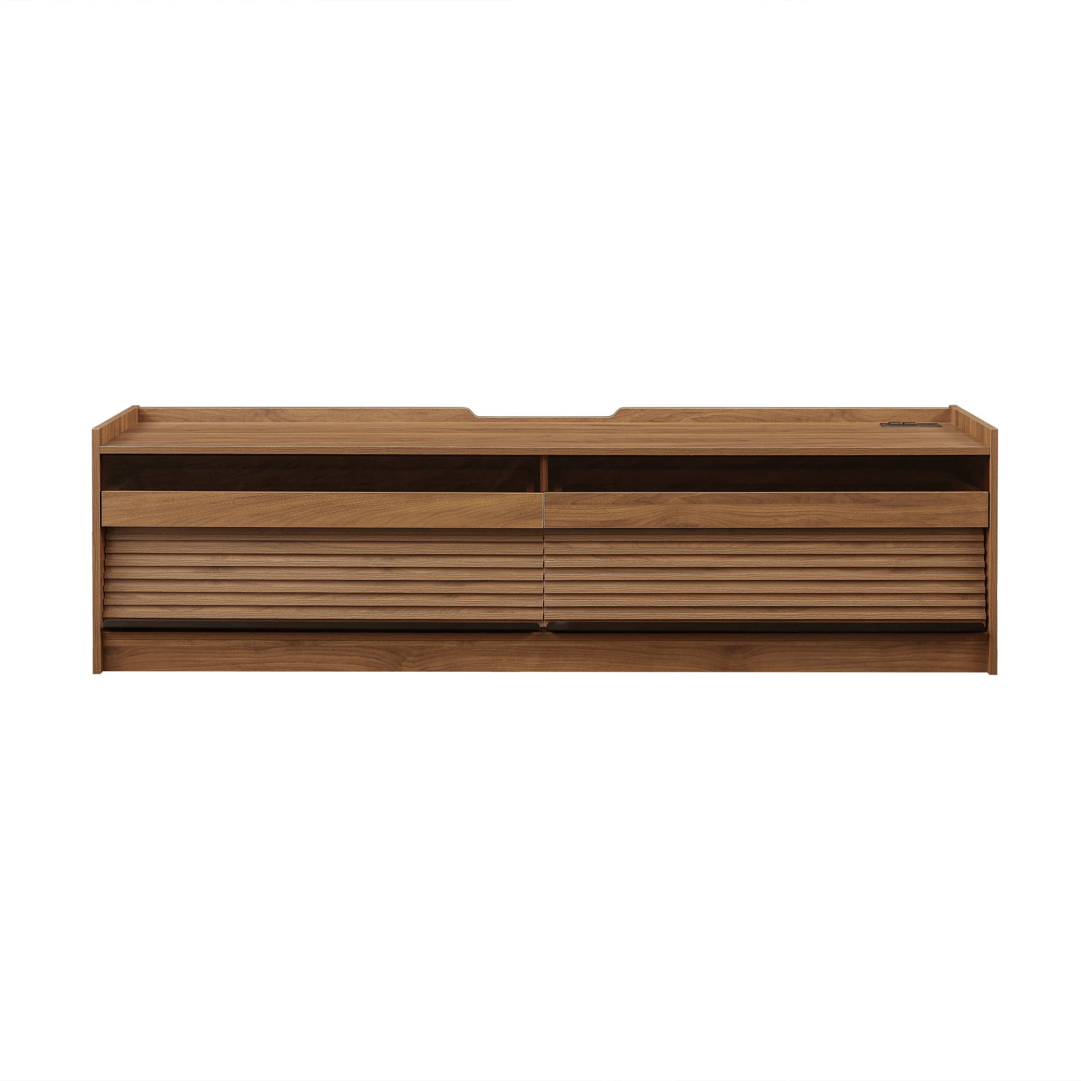 Rhett Modern TV Stand with 4 Drawers, LED Lighting, Charging Ports, Magazine Storage, Tempered Glass Front, Walnut