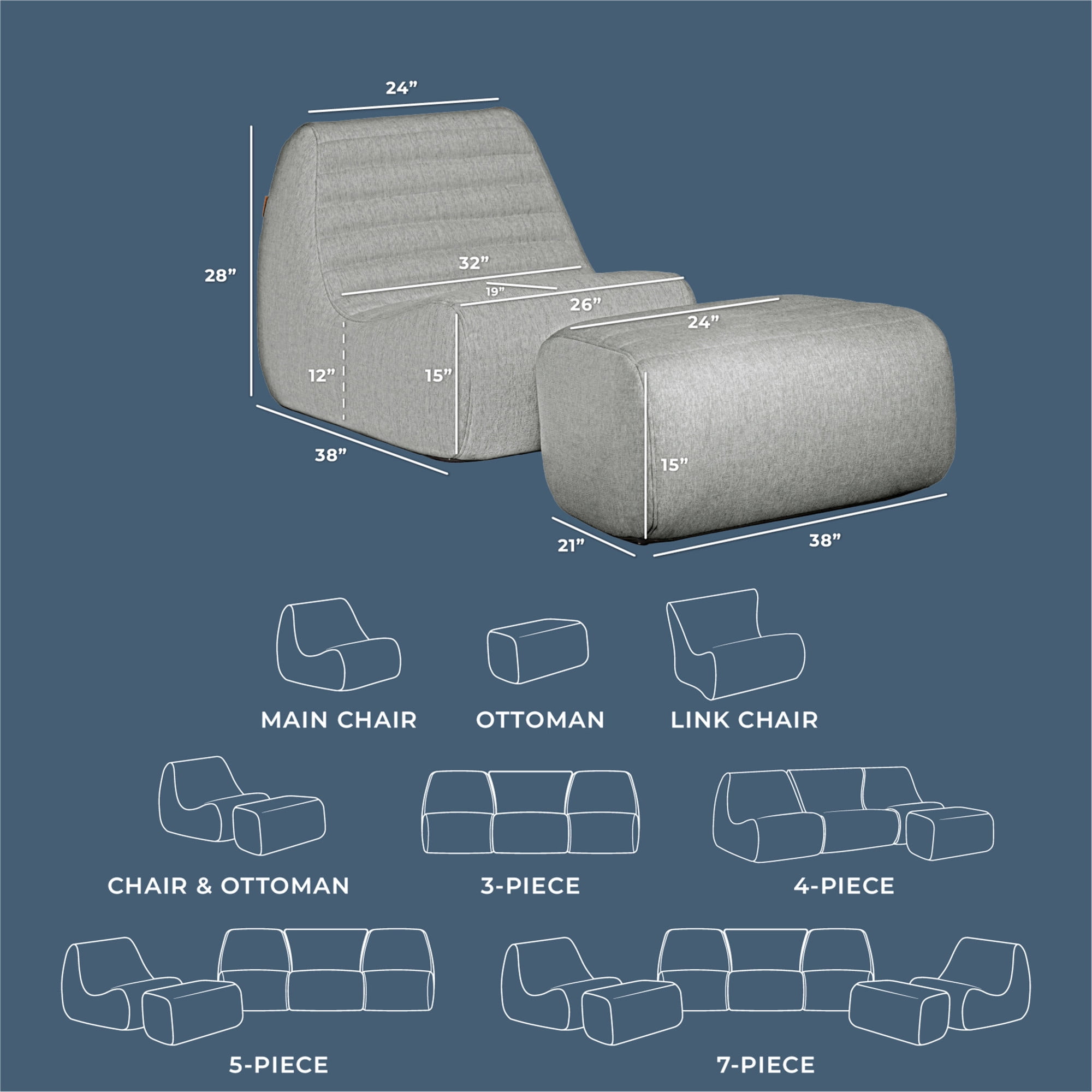 Big Joe Solvana Outdoor Lounge Chair and Ottoman, 2 Piece Patio Furniture Set, Performance Linen Weather-Resistant Fabric, Port Gray