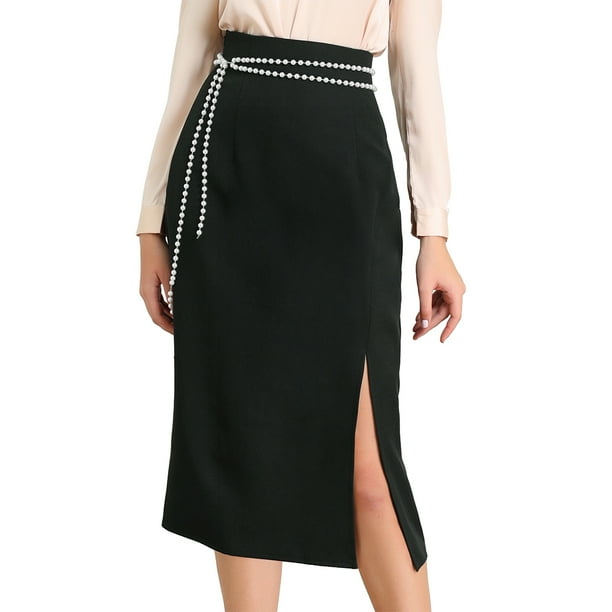Allegra K Falda Recta Midi Irregular Cremallera Lateral Cintura Alta Con Abertura Para Mujer Negro S