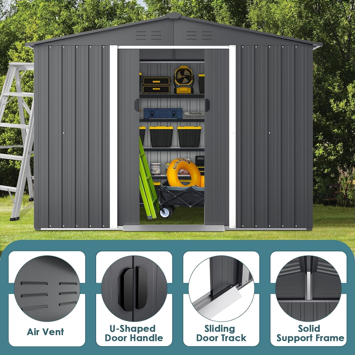 SOLAURA 8'x6' Outdoor Metal Storage Shed Garden Tool Storage Shed with Sliding Double Door - Gray
