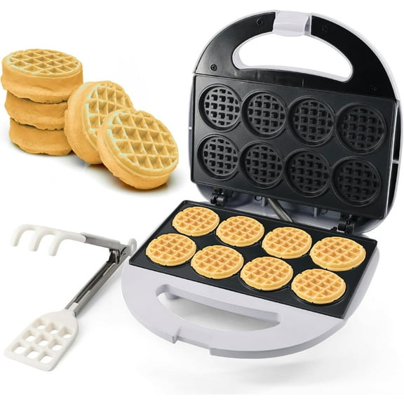 StarBlue Mini Waffle Bites Maker with FREE Waffle Tongs - 8 x 2” Tiny Waffle Bites, Non-Stick, Fast Heating, Perfect for Kids’ Breakfast, Snacks, Compact & Easy to Clean, White, 120V 60Hz 750W
