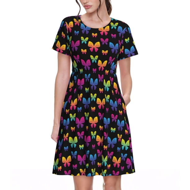 Disketp Rainbow Butterfly para Vestido de Manga Corta para Mujeres, Vestidos de Verano para Mujeres, Casual y Holgado para la Playa