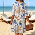 thumbnail image 3 of Vestido de Verano Floral Azul Impresión de Vacaciones de las Mujeres Suelto Cuello Redondo Vestido de Manga de Tres Cuartos, Manga de Puff Cambio Casual, 3 of 6