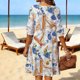thumbnail image 3 of Vestido de Verano Floral Azul Impresión de Vacaciones de las Mujeres Suelto Cuello Redondo Vestido de Manga de Tres Cuartos, Manga de Puff Cambio Casual, 3 of 6
