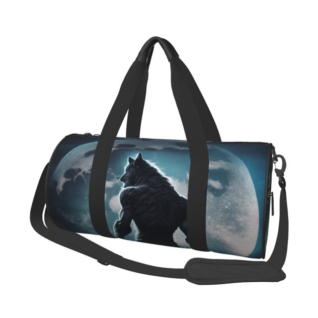 Fotbe Moon Wolf Warrior Bolsa Deportiva de Lona Plegable con Estampado, Bolsa de Gimnasio con Bolsillo Seco/Húmedo, Bolsa de Viaje Ultraligera de Gran Capacidad
