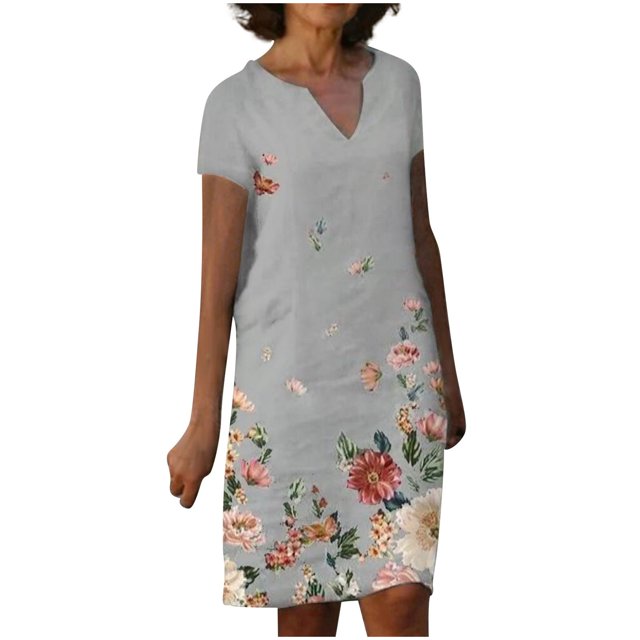 Birdeem Robe d'Été Décontractée à Manches Courtes Col en V Imprimée Florale pour Femmes