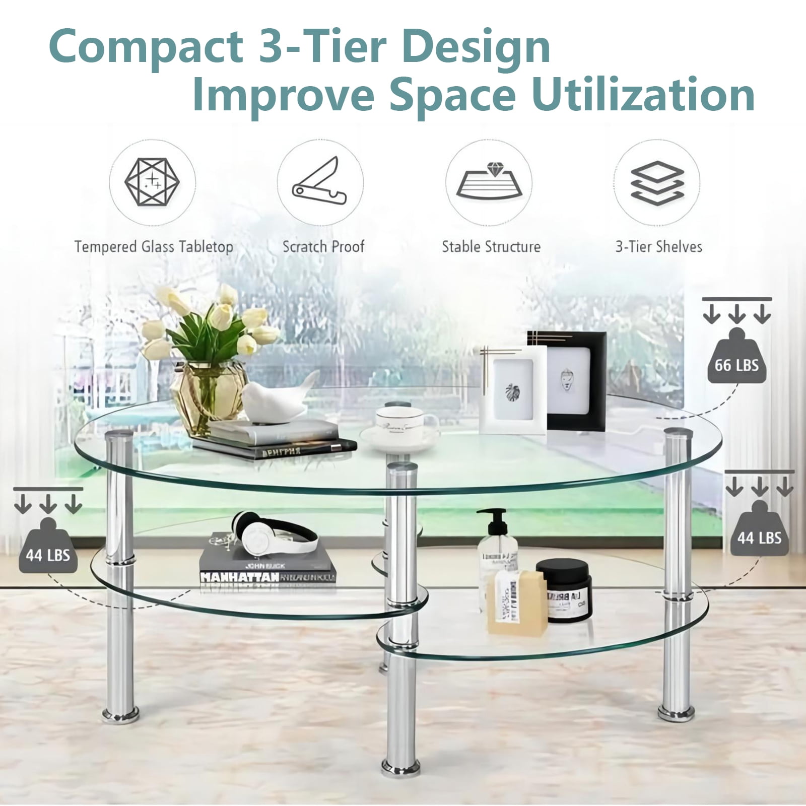 ALPULON Oval Tempered Glass Coffee Table, 3-Tier Modern with Steel Frame
