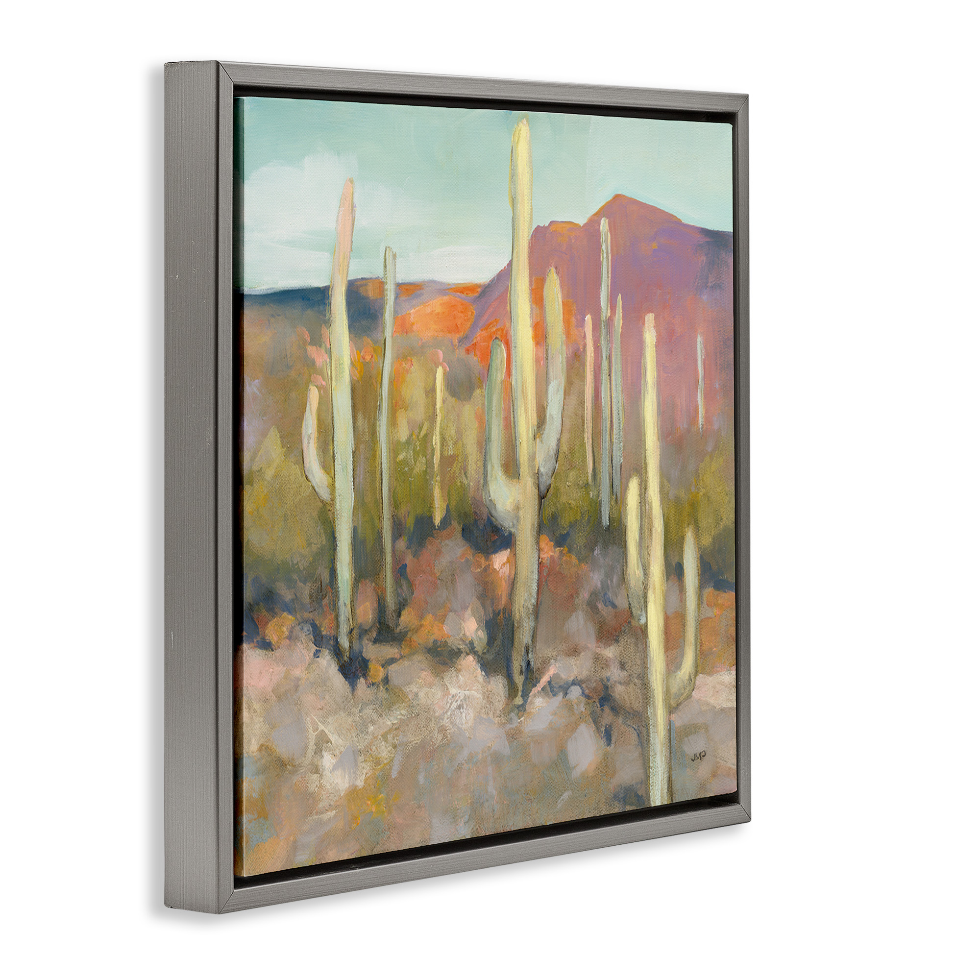 Stupell Industries Soft Cactus Desert Landscape Landscape Painting Gray Floater Framed Canvas Art Print Wall Art, 18 x 18