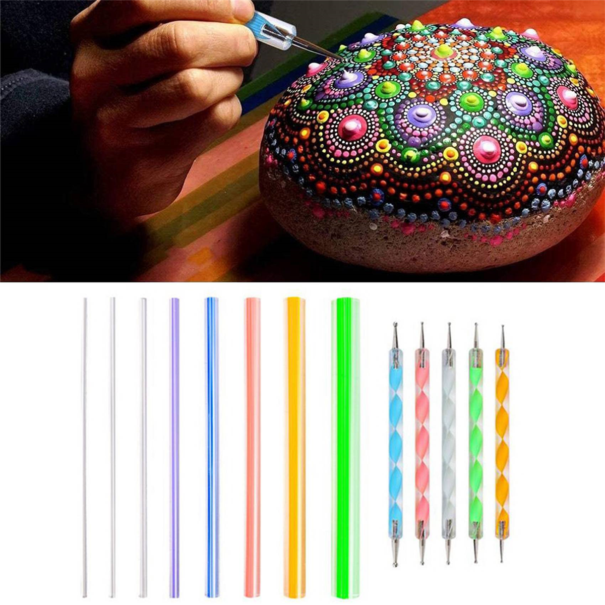 8X Mandala Dotting Tools Set for Painting Rocks,Painting Rocks Dot Kit,Acrylic Stick,Point Drill Tool,Stencil DIY Wall