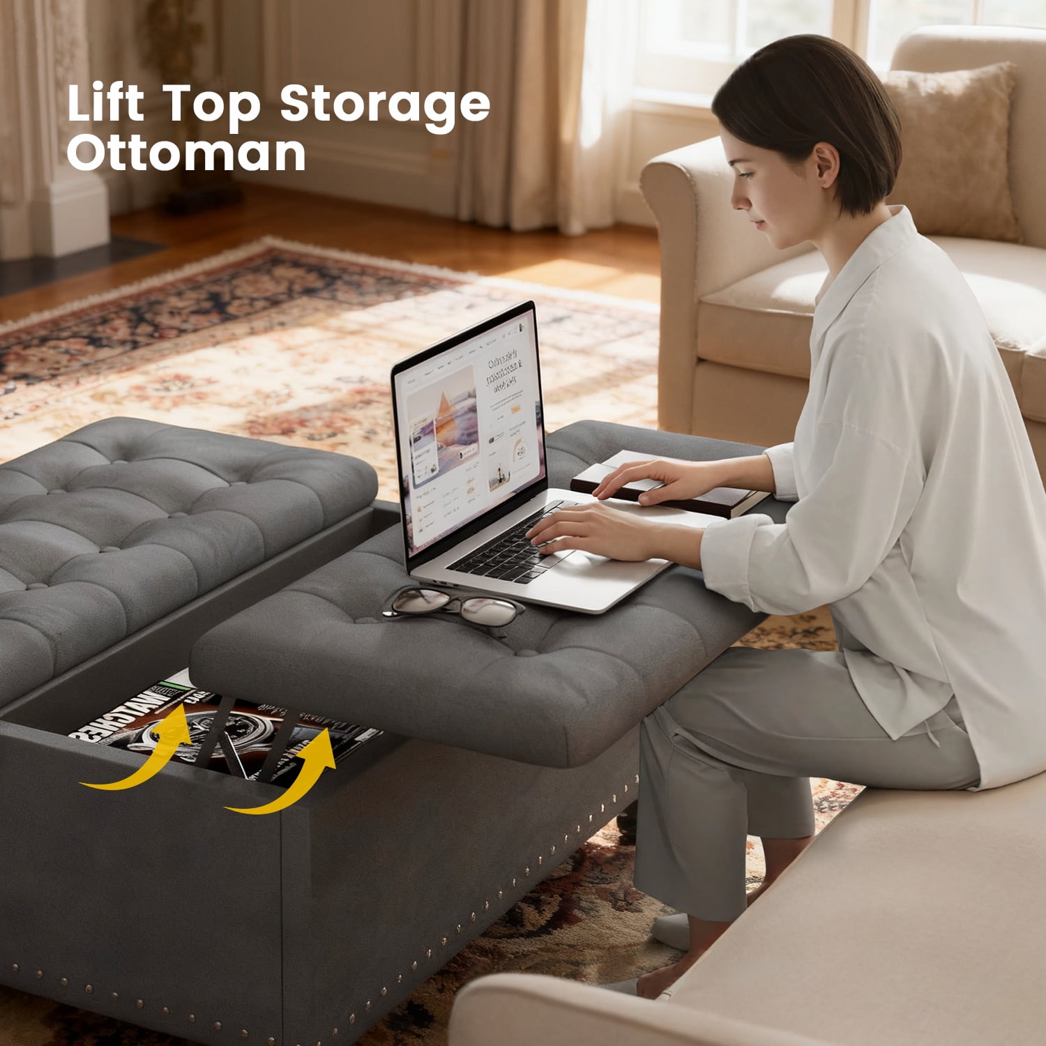 Kbun 33.5 inch Large Square Storage Ottoman, Tufted Upholstered Coffee Table with Lift Top & Solid Wood Legs, Oversized Storage Bench Ottomans Toy Box for Bedroom, Living Room, Entryway, Grey
