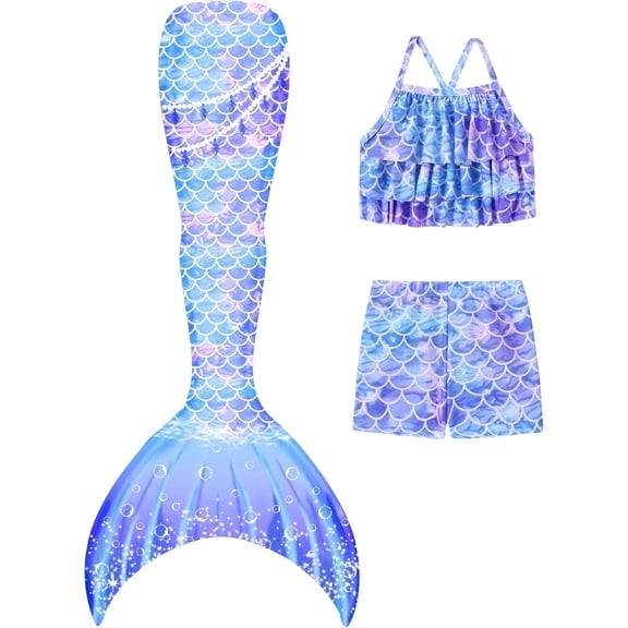 CARETOO 3Pcs Girls Swimsuits Mermaid Tail Suits Kids Multi Ruffled Trim Halter Mermaid Tail Swimsuit Colorful Fish Scale Pattern Set Swimwear 4-10 Years