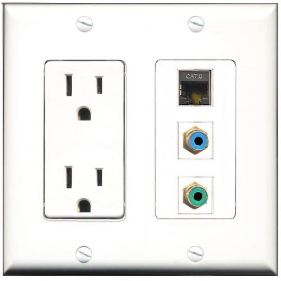 RiteAV - 15 Amp Power Outlet 1 Port RCA Green 1 Port RCA Blue 1 Port Shielded Cat6 Ethernet Ethernet Decorative Wall Plate