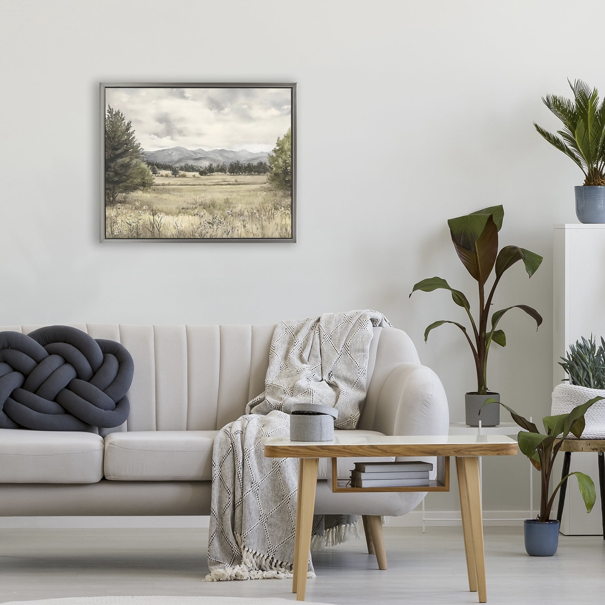Stupell Industries Muted Mountain Meadow Gray Framed Floater Canvas Wall Art, design by Riley B