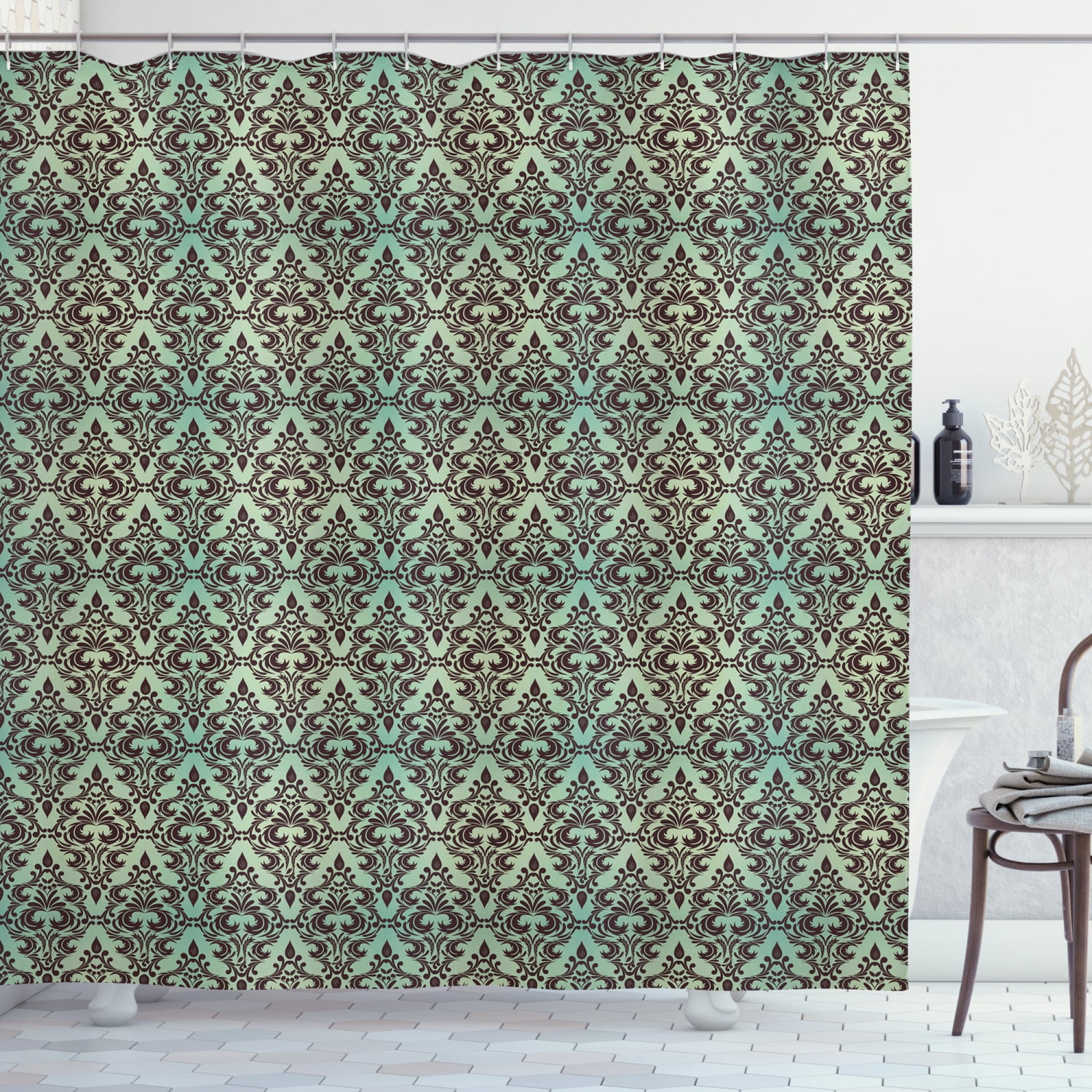 Damask Shower Curtain, Mint Background with Ornamental Surreal Curved