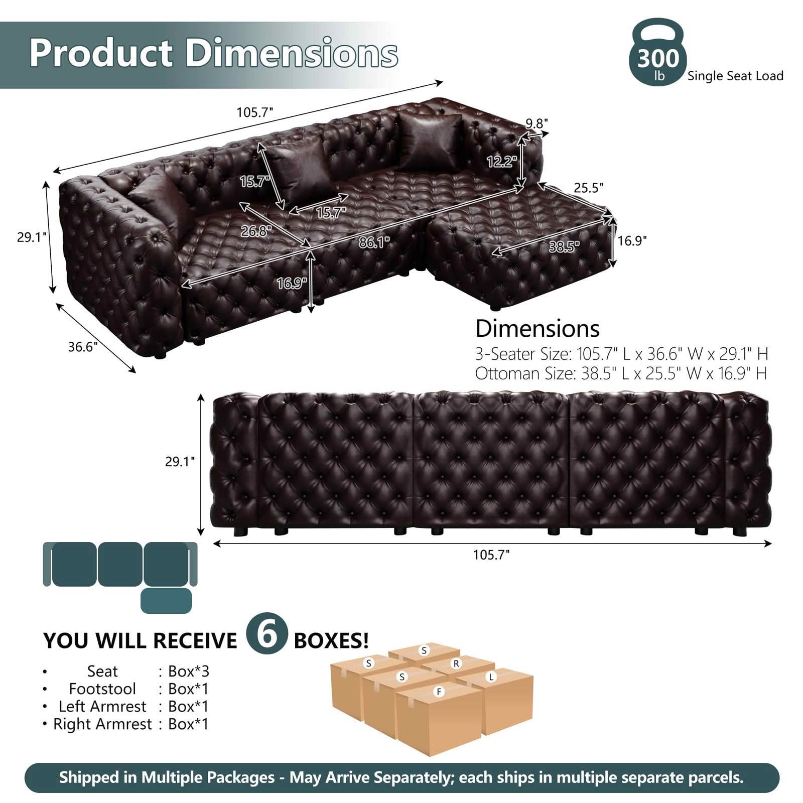 MAYEERTY 105.7" 3‑Seat Faux‑Leather Modular Sofa Set, Handcrafted Button Tufted Couch with Ottoman & 3 Pillows for Living Room & Small Apartment