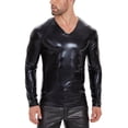 thumbnail image 4 of Men Shiny Patent Leather T-shirt, Long Sleeve, Male Soft Leather Casual V-neck Tops, 4 of 7