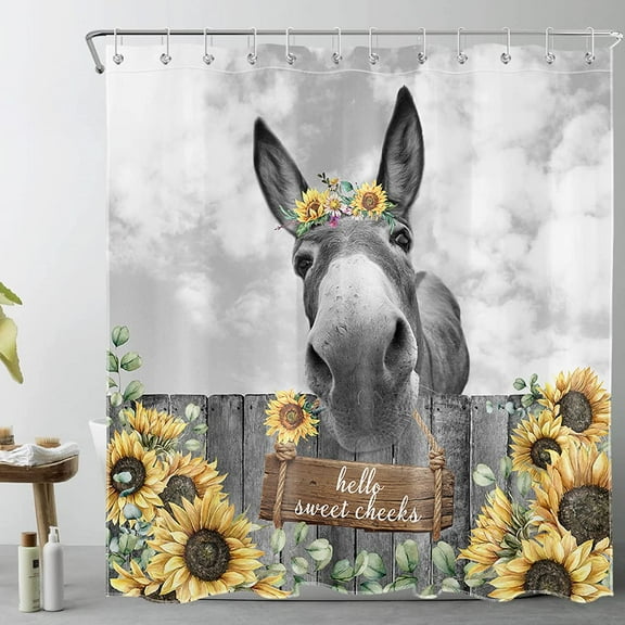 SPXUBZ Funny Donkey Shower Curtain ,Vintage Sunflower Yellow Floral Bath Curtain for Bathroom Decor with12 Hooks 72X72 inches