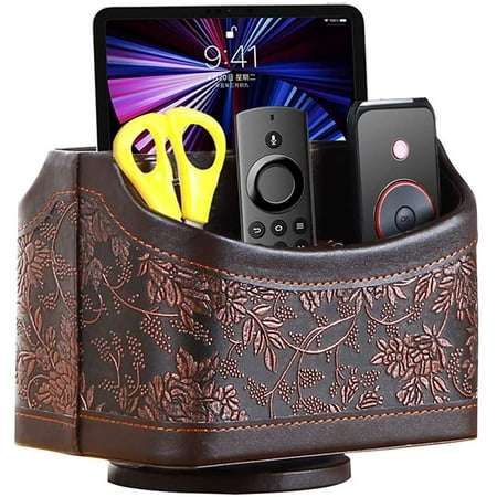 Antique Leather Remote Control Holder, 360 Degree Spinning Desk TV