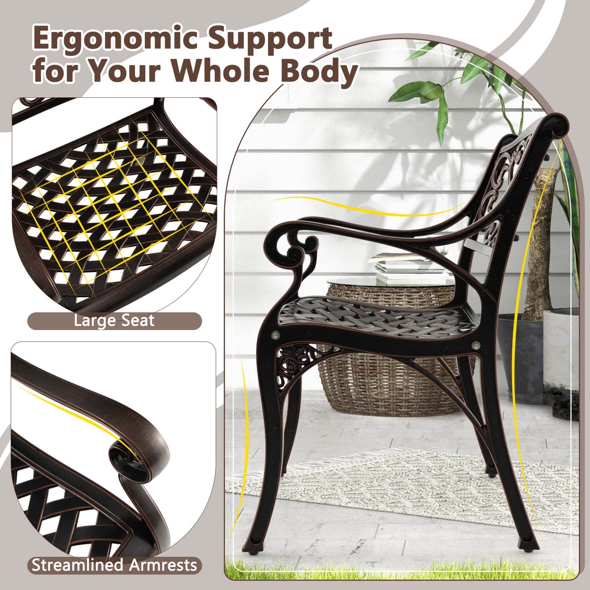 Costway 4 PCS Cast Aluminum Patio Chairs Set of 4 Outdoor Dining with Armrests & Curved Seats Bronze