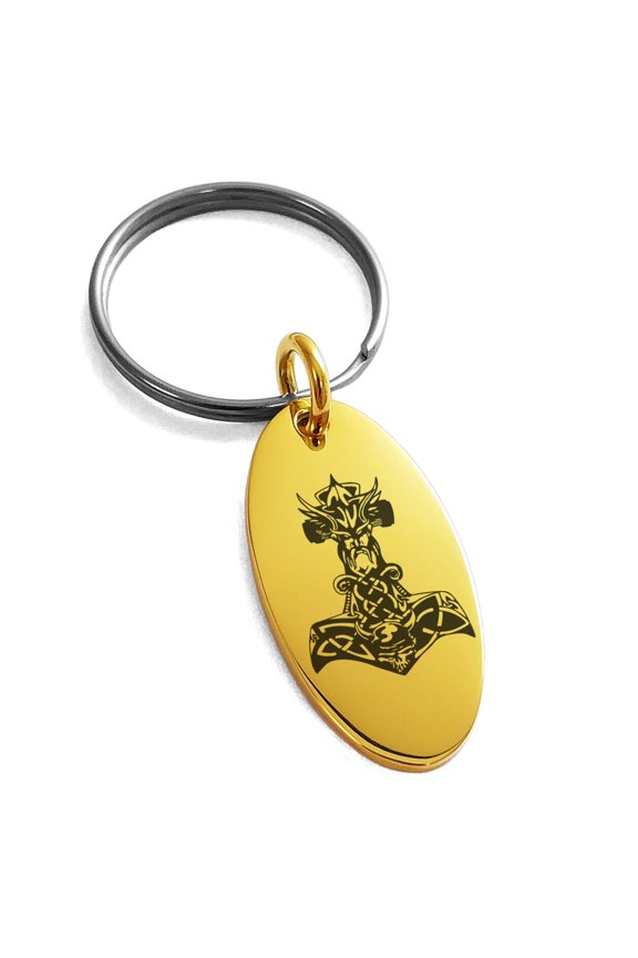 Stainless Steel Asgard Mjolnir Thor's Hammer Viking Norse Engraved Small Oval Charm Keychain Keyring