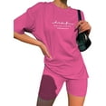 thumbnail image 1 of Daeful Tracksuit Set Elastic Waist Sportswear Crew Neck Outfits Women's Solid Letters Two Pieces Sweatsuit 2# Rose Red L, 1 of 9