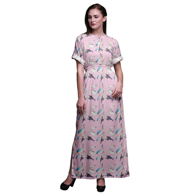 Bimba Robe Longue d'Été en Rayonne Imprimée Baleine Océan à Manches Kimono avec Fente - Grande