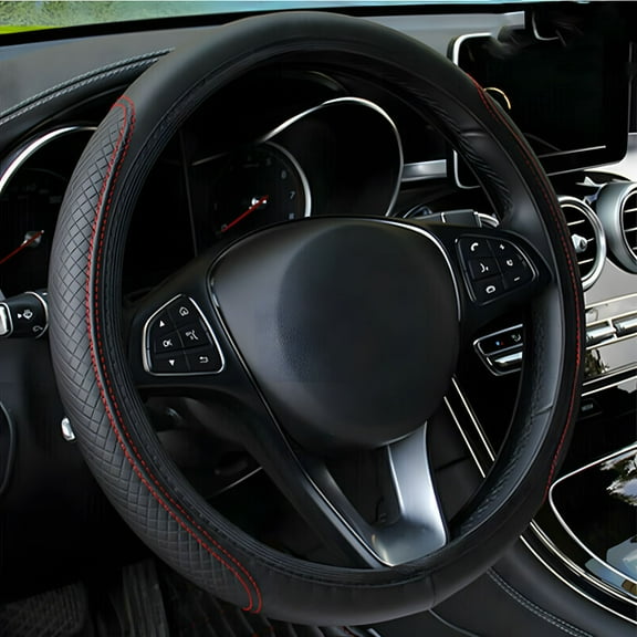 PU Leather Steering Wheel Cover for Women & Men, Waterfroof and Anti-Slip Car Steering Wheel Cover Universal Standard Size 14.5''-15'',Black