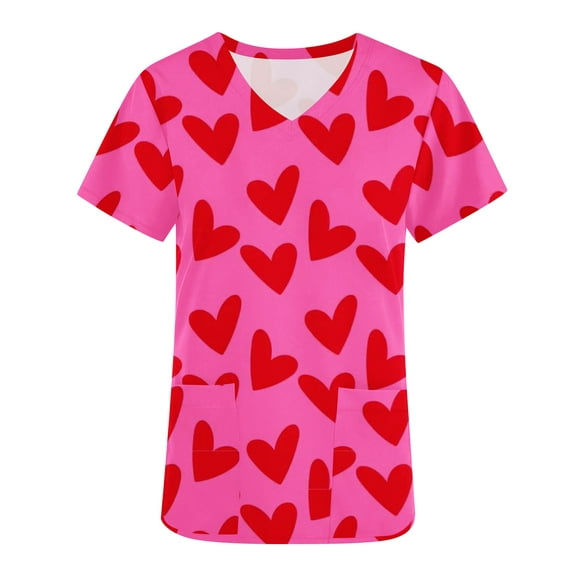 Pisexur Scrub Tops pour les Femmes Valentine'S Day Manches Courtes Amour Imprimé Coeur Travail Uniforme Col en V Confortable Blouse Tunique avec 2 Poches