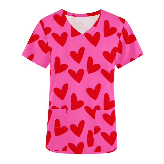 TIMIFIS Hauts de Sarrau de la Saint-Valentin pour Femmes Imprimés Uniforme de Travail à Manches Courtes Col en V Blouse T-shirt de Travail avec Poches - Imprimé Rouge