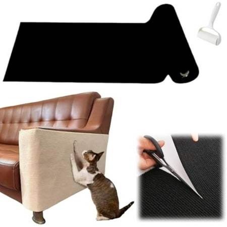 Pawmingle Cat Scratching Carpet Self Adhesive Cats Scratches Mat Trimmable Sisal Cat Scratching Mat for Furniture Protector (Black 11.8in*39.4in)